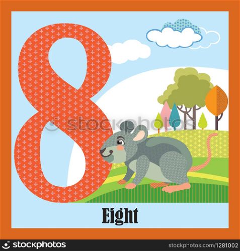 Vector cartoon flashcards of animal numbers, number 8. Colorful cartoon illustration of number 8 and mouse vector character. Bright colors zoo wildlife illustration. Cute flat cartoon style. Stock illustration.