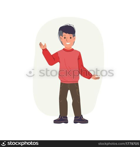 Vector cartoon flat boy character kid happy greeting,waving hand- children’s fashion,kids clothing,communication,friendship social concept. Flat cartoon kid character greeting vector illustration concept