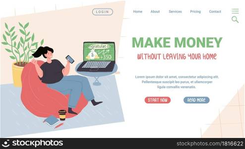 Vector cartoon flat character enjoys trading success.Young girl happy with stock market,forex profit in bean bag at cozy home atmosphere-landing page design,online trading,financial concept. Flat cartoon character enjoys trading success,vector landing page concept