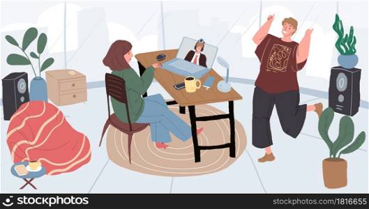 Vector cartoon flat character talk online with colleague.Young people discuss business,distance work using online video messenger conference communication-landing page,freelance work concept. Cartoon flat freelancer character use video messenger conference in online work,vector illustration