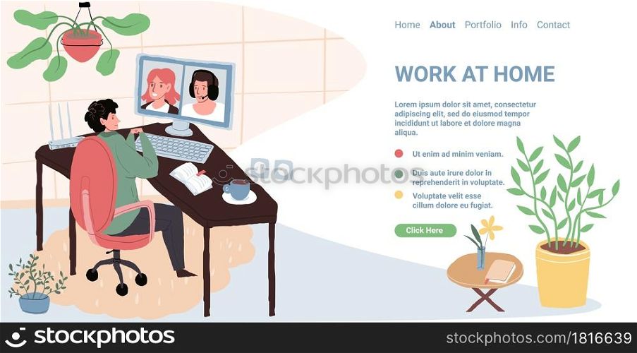 Vector cartoon flat character talk online with colleagues.Young people discuss business,distance work using online video messenger conference communication-landing page,freelance work concept. Cartoon flat freelancer character use video messenger conference in online work,vector illustration