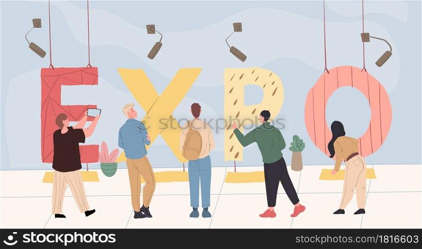 Vector cartoon flat characters at big text lettering &rsquo;expo&rsquo;.Different people watch,exam huge word letters, abstract modern art illustration concept for web banner,site,flyer,invitation,advertising. Cartoon flat characters and big text lettering &rsquo;expo&rsquo;,vector illustration concept