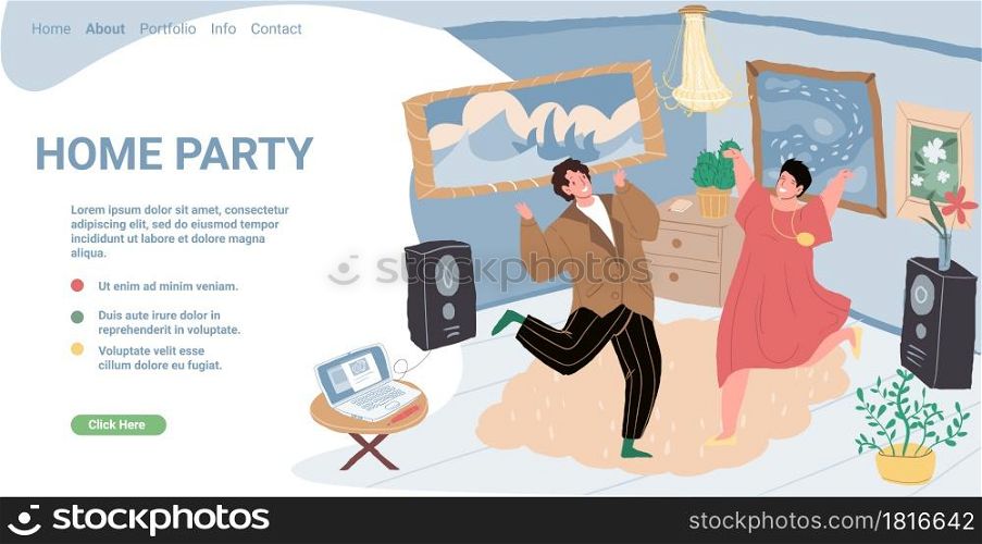 Vector cartoon flat characters friends in happy positive mood at home party.Young people enjoys life,rejoice,dance-emotions,friendship concept.Landing page,web banner ad,social media stories design. Flat cartoon characters friends at home party in happy mood,vector landing page