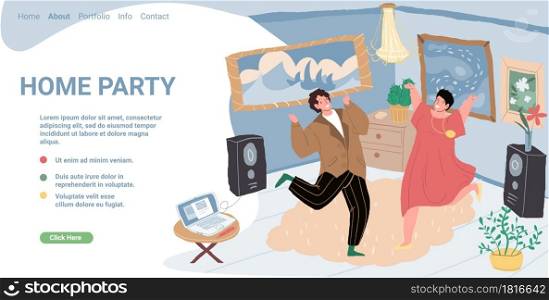 Vector cartoon flat characters friends in happy positive mood at home party.Young people enjoys life,rejoice,dance-emotions,friendship concept.Landing page,web banner ad,social media stories design. Flat cartoon characters friends at home party in happy mood,vector landing page