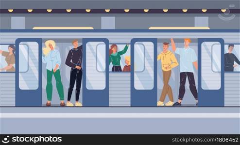 Vector cartoon flat characters in metro.Various people get in subway car holding on to handrails-web online banner design,city life scene,social story concept. Flat cartoon characters in subway,city life scene vector illustration concept
