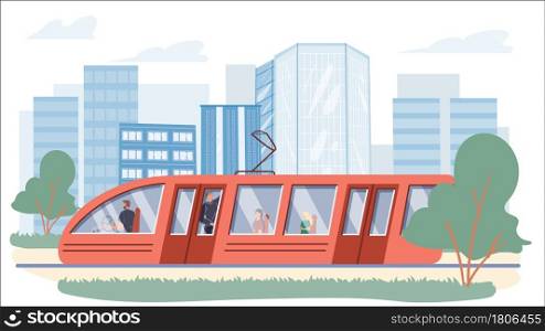 Vector cartoon flat characters in tram.Various people ride in modern trolley car,they sit and stand holding on to handrails-web online banner design,city life scene,social story concept. Flat cartoon characters in modern tram car,city life scene vector illustration concept
