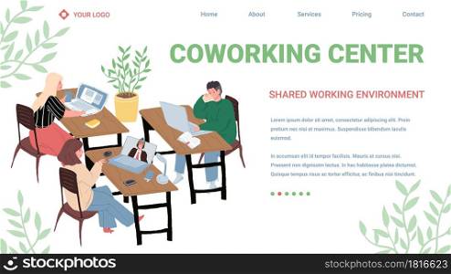 Vector cartoon flat characters performs work tasks.Successful employees business freelancers at working process-coworking center,professional workflow process,web site landing page concept. Flat cartoon coworking team characters,successful employees,vector landing page concept