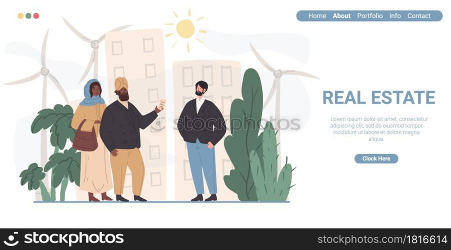 Vector cartoon flat characters-real estate agent and apartment buyers. Successful seller offers deal,show new home to rich arabic businessmen,web online landing page template. Cartoon flat characters buying real state,vector landing page design