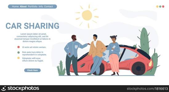 Vector cartoon flat characters use car sharing service-happy smiling people communicate next to vehicle.Landing page web site,online mobile app for car share design,social media concept. Flat cartoon characters use car sharing service,vector landing page concept