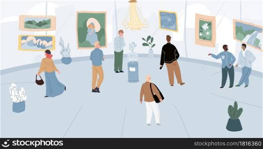 Vector cartoon flat characters-visitors and staff at art gallery.Different people watching examining pictures and artworks in artistic museum hall at exhibition,online web banner,invitation concept. Cartoon flat characters at art gallery exhibition,vector illustration