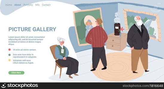 Vector cartoon flat characters-visitors and staff at art gallery.Different people watching,examining pictures and artworks in artistic museum hall at exhibition,web online landing page concept. Cartoon flat characters at picture gallery exhibition,vector landing page