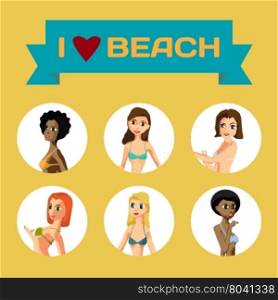 Vector cartoon flat design avatar people woman dressed in swimsuit. Cartoon character on the beach