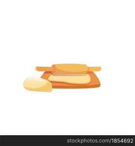 Vector cartoon flat dough on cooking board with rolling pin isolated on empty background-balanced diet,healthy eating and food cooking concept,web site banner ad design. Flat cartoon dough on cooking board,balanced diet,healthy eating and food cooking vector illustration concept