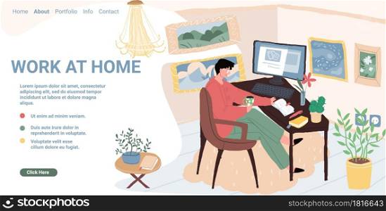Vector cartoon flat happy freelancer character works at home office apartment interior workspace.Young man sits in cozy atmosphere working on laptop-landing page design,online freelance work concept. Flat cartoon freelancer character at home office,vector landing page concept