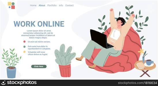 Vector cartoon flat happy freelancer characters works at home office apartment interior workspace.Young man sits in cozy atmosphere working on laptop-landing page design,online freelance work concept. Flat cartoon freelancer character at home office,vector landing page concept