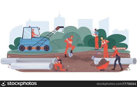 Vector cartoon flat industrial worker characters at pipeline construction work.Engineer workers building new pipeline-oil and gas transportation,web online site banner ad concept. Flat cartoon industrial workers characters at pipeline construction work,vector illustration concept