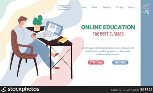 Vector cartoon flat male character taking online educational class.Happy man person studies web course in calm,comfortable environment in cozy chair at home.Landing page web site concept template. Flat cartoon character taking online educational course,vector landing page concept
