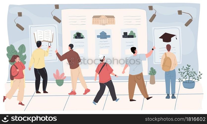Vector cartoon flat student characters boys girls at institute,college bulletin board.Young people teenager students examine information about educational institutions on announcements billboard. Cartoon flat student characters at bulletin board,vector illustration
