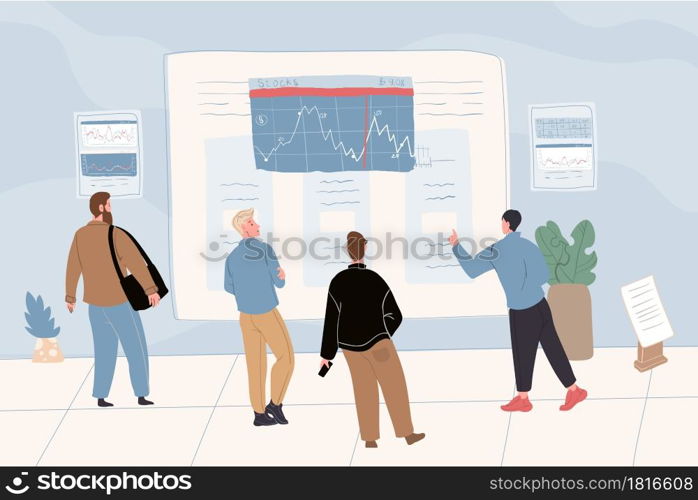 Vector cartoon flat trading businessman characters at work.Financial analysts traders looking at billboard screen,examining,analyzing,discussing charts,market quotes,stock prices,indexes. Cartoon flat trading businessman characters at work,vector illustration