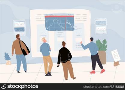 Vector cartoon flat trading businessman characters at work.Financial analysts traders looking at billboard screen,examining,analyzing,discussing charts,market quotes,stock prices,indexes. Cartoon flat trading businessman characters at work,vector illustration