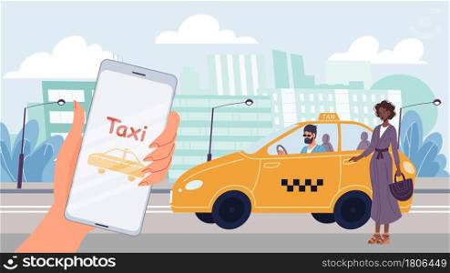 Vector cartoon flat woman character orders taxi car.Online order service on mobile app screen,smartphone in hand-web site banner ad,mobile application design,social media concept. Flat cartoon taxi car,smartphone,online order service mobile app,vector illustration concept