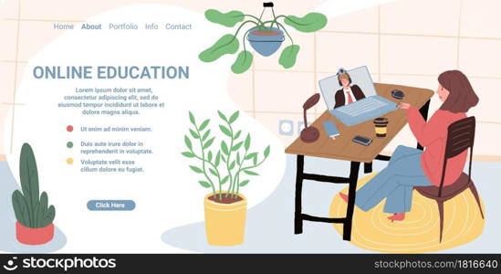 Vector cartoon flat woman character taking online educational class.Cute girl listens to teacher by video conference communication,studies web course at home.Landing page web site concept template. Flat cartoon character taking online educational course,vector landing page concept