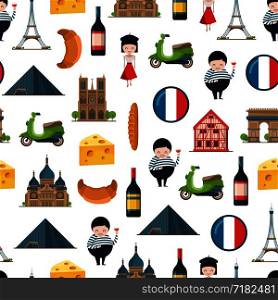 Vector cartoon France sights and objects background or pattern illustration. Tourism travel paris patttern, architecture tower eiffel and notre dame. Vector cartoon France sights and objects background or pattern illustration