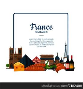 Vector cartoon France sights and objects below frame with place for text illustration. Paris text frame. Vector cartoon France sights and objects. Paris text frame
