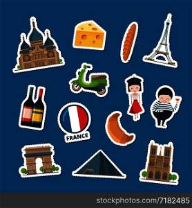 Vector cartoon France sights and objects stickers set illustration. Architecture building. Vector France sights stickers