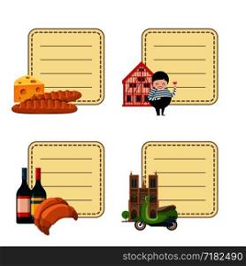 Vector cartoon France sights and objects stickers set with place for text illustration. Vector France sights stickers set
