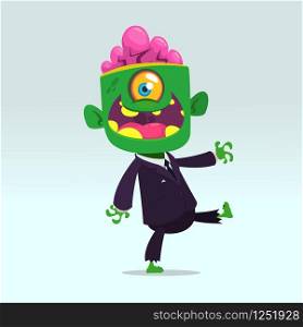 Vector cartoon funny green zombie with big head in business suit isolated on a light gray background. Halloween vector illustration.