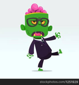 Vector cartoon funny green zombie with big head in business suit isolated on a light gray background. Halloween vector illustration.