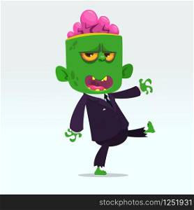 Vector cartoon funny green zombie with big head isolated on a light gray background. Halloween vector illustration.