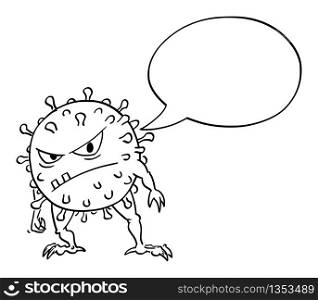 Vector cartoon funny illustration of funny crazy coronavirus COVID-19 virus monster with empty speech bubble saying something.. Vector Funny Cartoon Illustration of Crazy Coronavirus COVID-19 Virus Monster with Empty Speech Bubble Saying Something