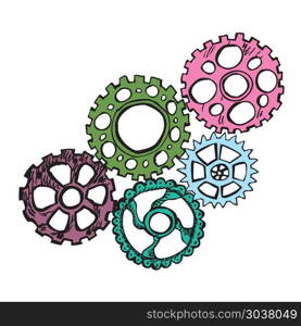 Vector cartoon gear wheels. Vector cartoon gear wheels. Hand Drawn illustration. Vector cartoon gear wheels