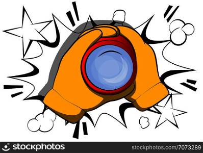Vector cartoon hand holding a binocular to look through. Illustrated sign on comic book background.