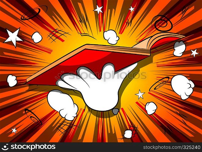 Vector cartoon hand holding a book. Illustrated hand on comic book background.