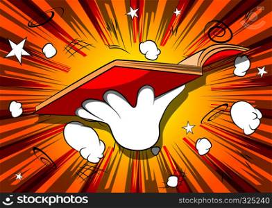 Vector cartoon hand holding a book. Illustrated hand on comic book background.