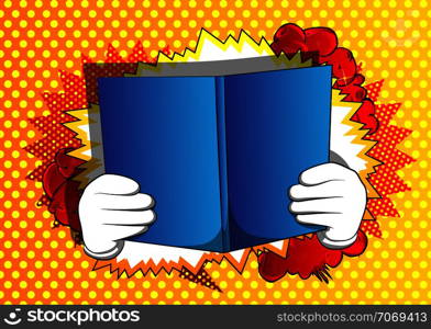 Vector cartoon hand holding a book. Illustrated hand with opened book on comic book background.
