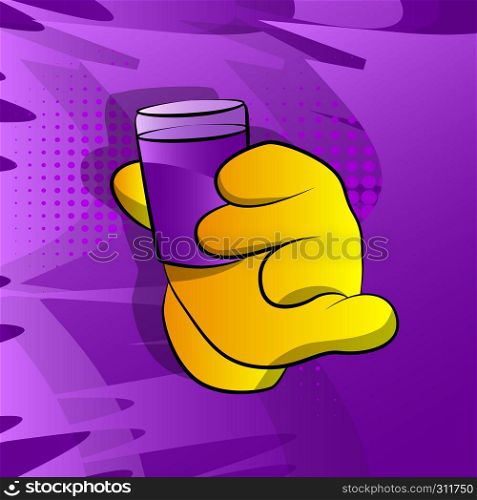 Vector cartoon hand holding a cup of brandy. Illustrated hand on comic book background.