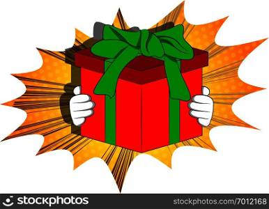 Vector cartoon hand holding big gift box. Illustrated holiday sign on comic book background.
