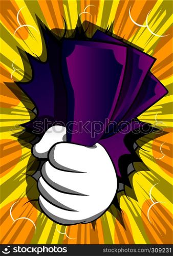 Vector cartoon hand holding or showing money bills. Illustrated hand on comic book background.