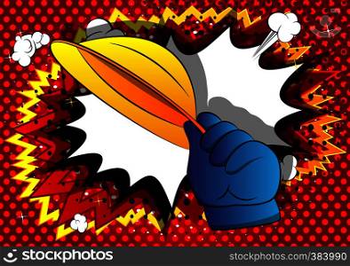 Vector cartoon hand tipping a hat. Illustrated hand on comic book background.