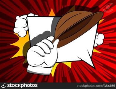 Vector cartoon hand tipping a hat. Illustrated hand on comic book background.
