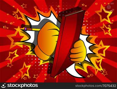 Vector cartoon hand writing with pencil on a books cover. Illustrated sign on comic book background.