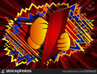 Vector cartoon hand writing with pencil on a books cover. Illustrated sign on comic book background.