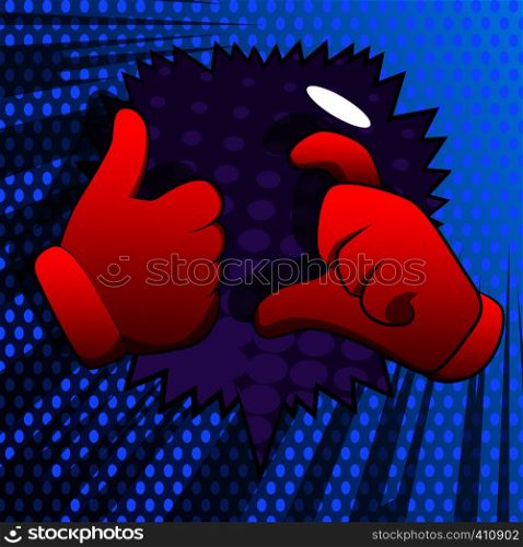 Vector cartoon hands making friend zone symbol. Illustrated hands on comic book background.
