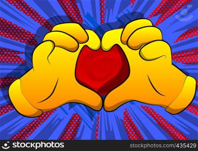 Vector cartoon hands showing heart shape hand gesture. Illustrated hand sign on comic book background.
