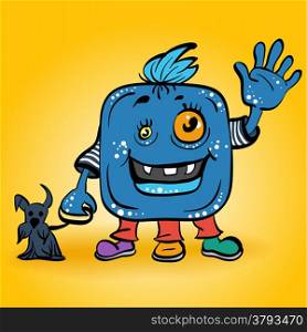 vector cartoon happy blue monster with dog