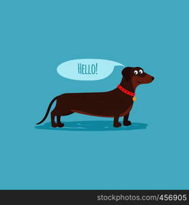 Vector cartoon happy dog, card template with text hello. Cartoon happy dog card template